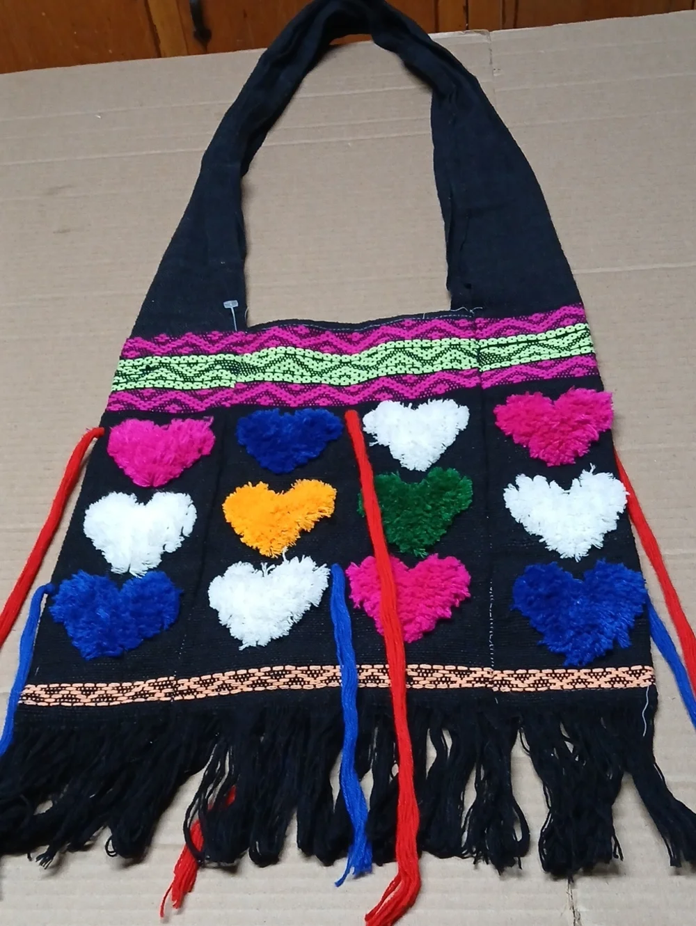 Boho Woven Fabric Hobo Shoulder Bag Black Fringe w/ Multicolor Fuzzy Hearts